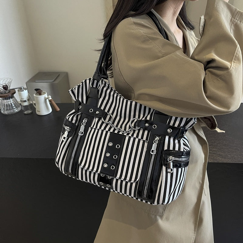 Women's Plaid Crossbody Bag with Rivet Details - Casual Shoulder Handbag