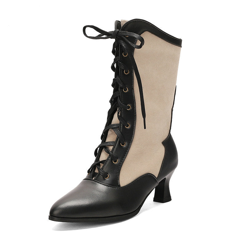 Women's Color-Block Pointed-Toe Over-the-Knee Boots with Front Lacing - Chunky Heel Winter Boots