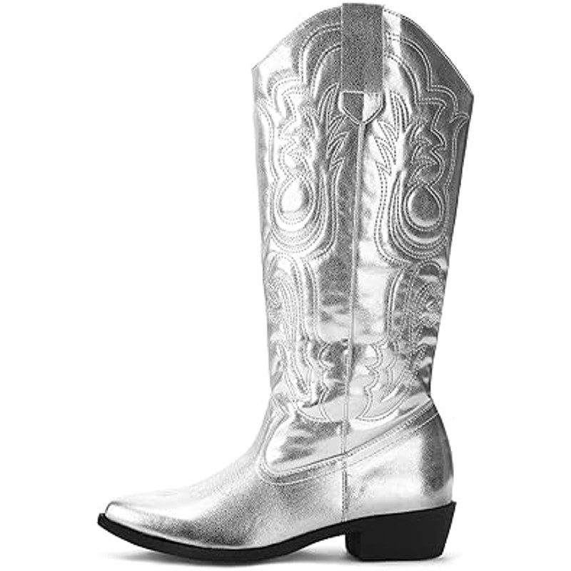 Mysoft Womens Size 8.5 Silver Faux Leather 1.5" Block Heel Western Cowboy Boots