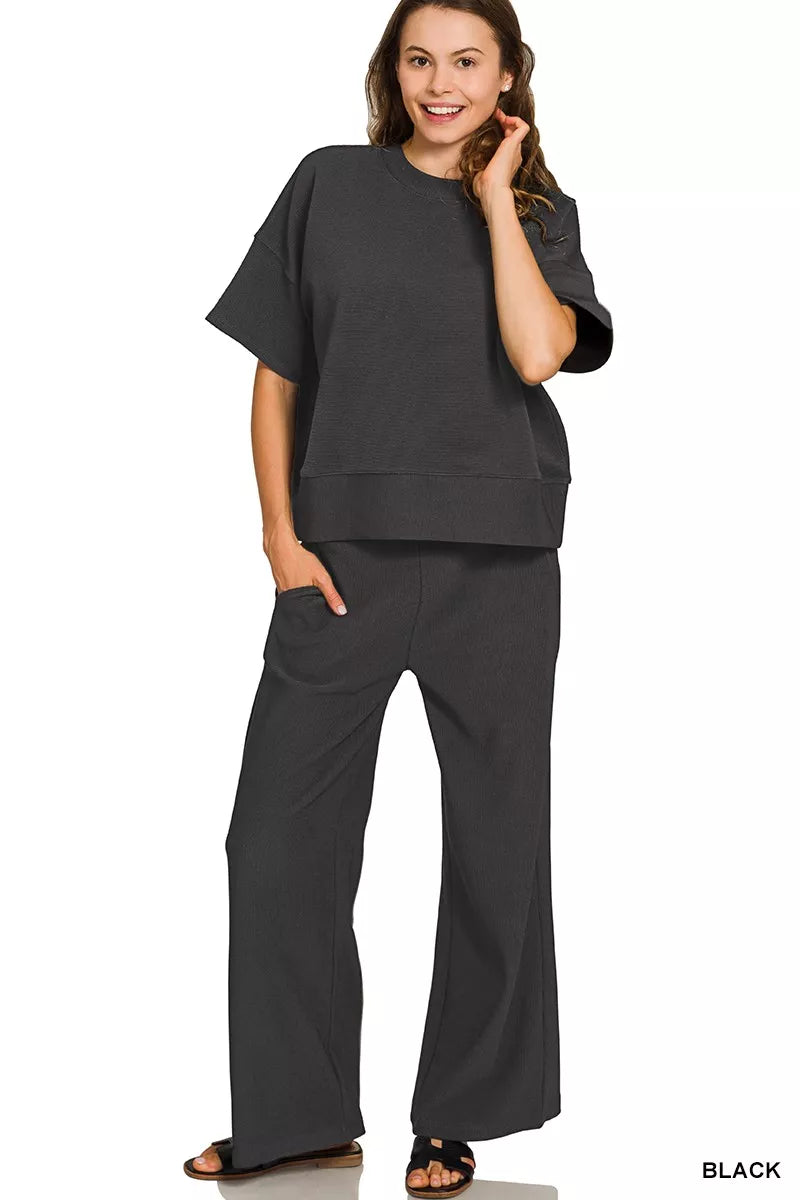 Zenana Ribbed Round Neck Tee & Pants Set