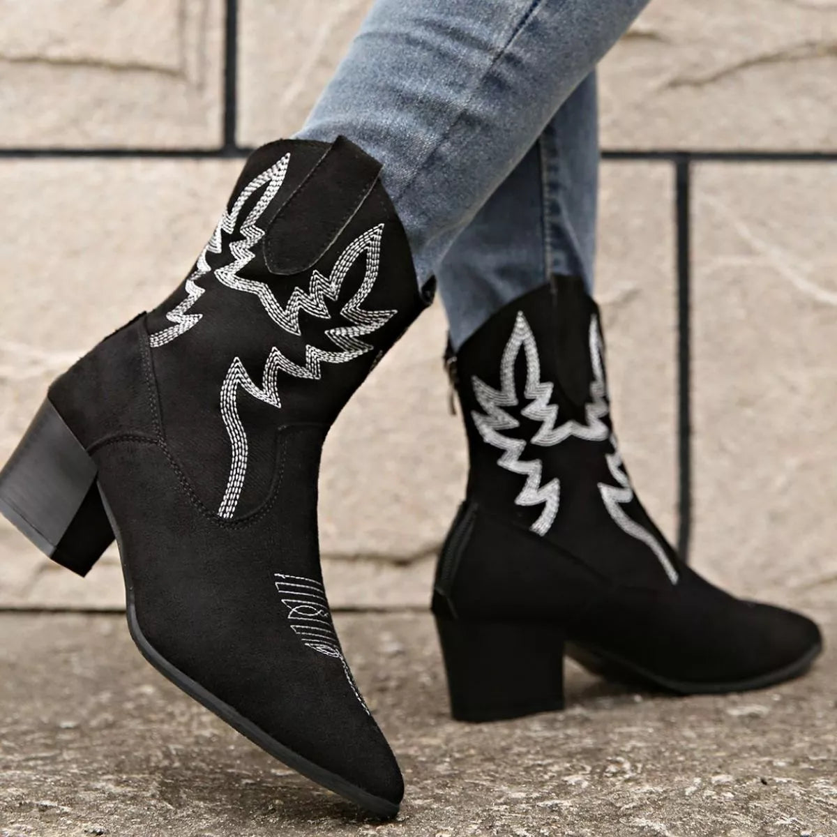 Women's Point Toe Block Heel Boots – Suede Mid Heel Ankle Boots