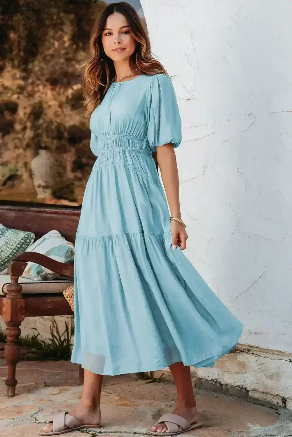 Light Blue Puff Sleeve High Waist Flowy Midi Dress