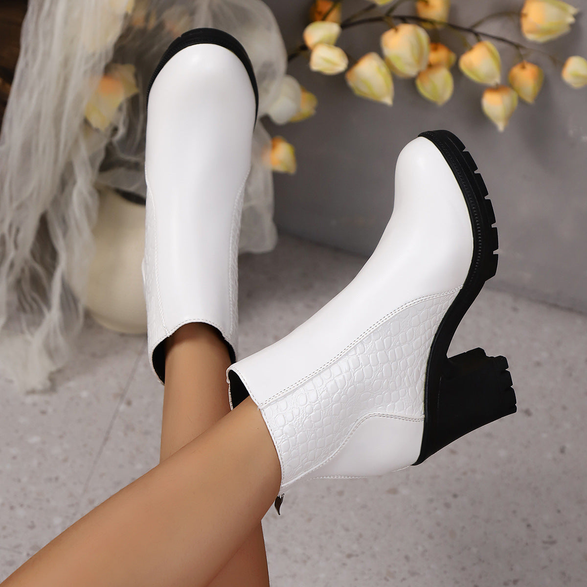 Women's Chunky Heel Back Zipper Ankle Boots | Round Toe Block Heel Shoes