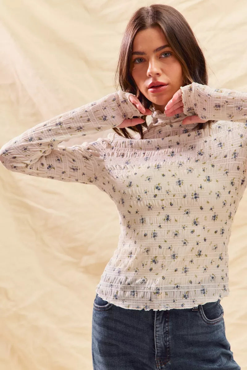SO ME Floral Print Textured Long Sleeve Knit Top