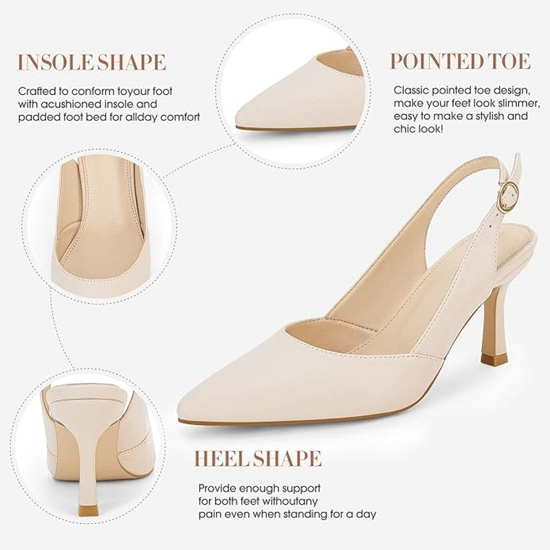 Rilista Womens Size 7.5 Tan Closed Pointy Toe Slingback Low Kitten Heel Shoes