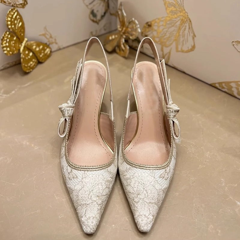 Women's Gold Bow Strap Pointed Toe High Heel Sandals - Elegant Party Heels