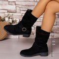 Women's Suede Chunky Heel Ankle Boots - Round Toe Cutout Design Winter Footwear