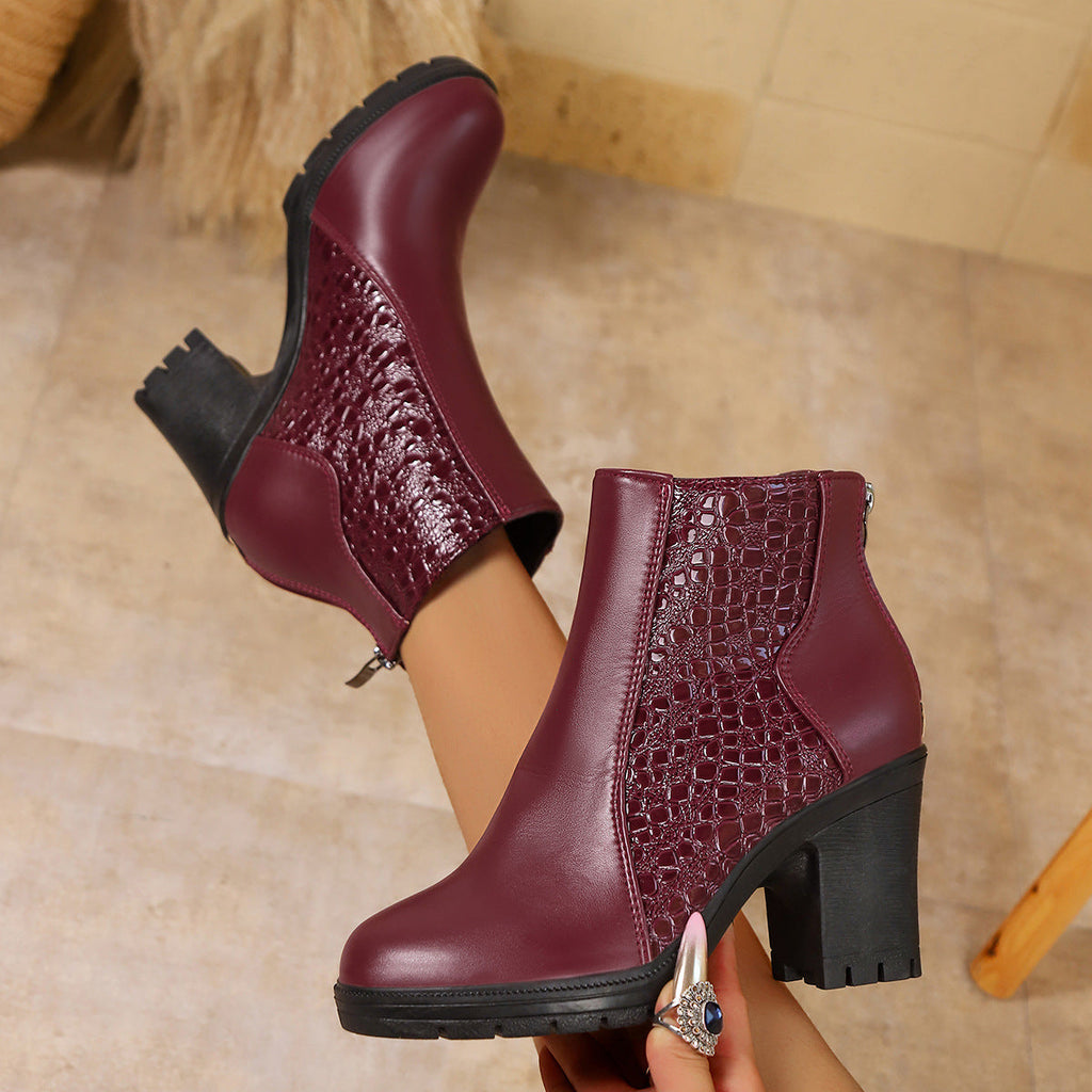 Women's Chunky Heel Back Zipper Ankle Boots | Round Toe Block Heel Shoes