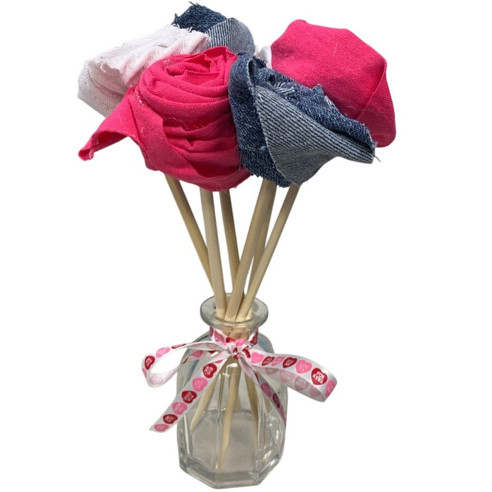 Handmade Upcycled Denim TShirt Valentine's Day Gift 6 Rose Bouquet in Glass Vase
