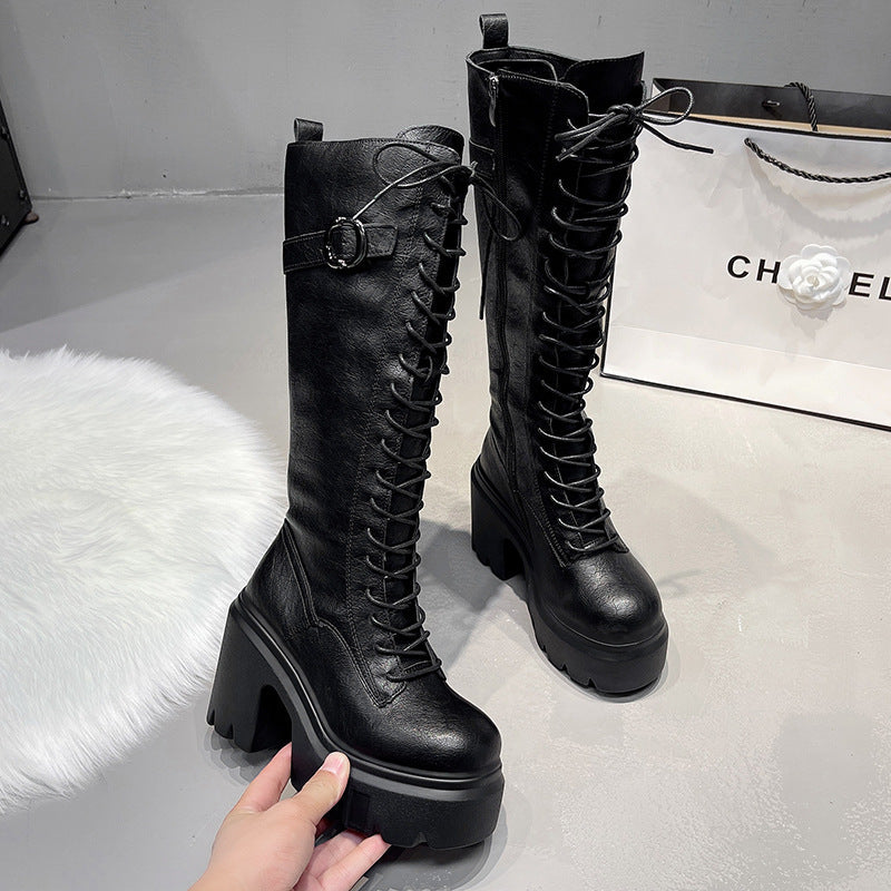 Women's Lace-Up Over-the-Knee Boots - High Heel Chunky Heel Round Toe Side Zipper