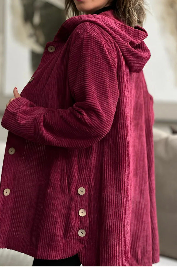 Women's Corduroy Hooded Jacket Fashion Warm Pockets Button Mid-length Top Casual Fall Winter Outwear Clothing