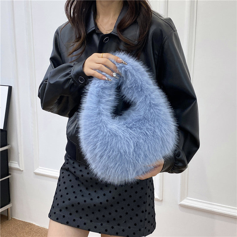 Women's Plush Tote Bag – Soft Oval Handbag for Everyday Casual Use