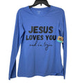 New Hand Printed Womens Small Jesus Loves You Blue Long Sleeve Crew Tee Shirt