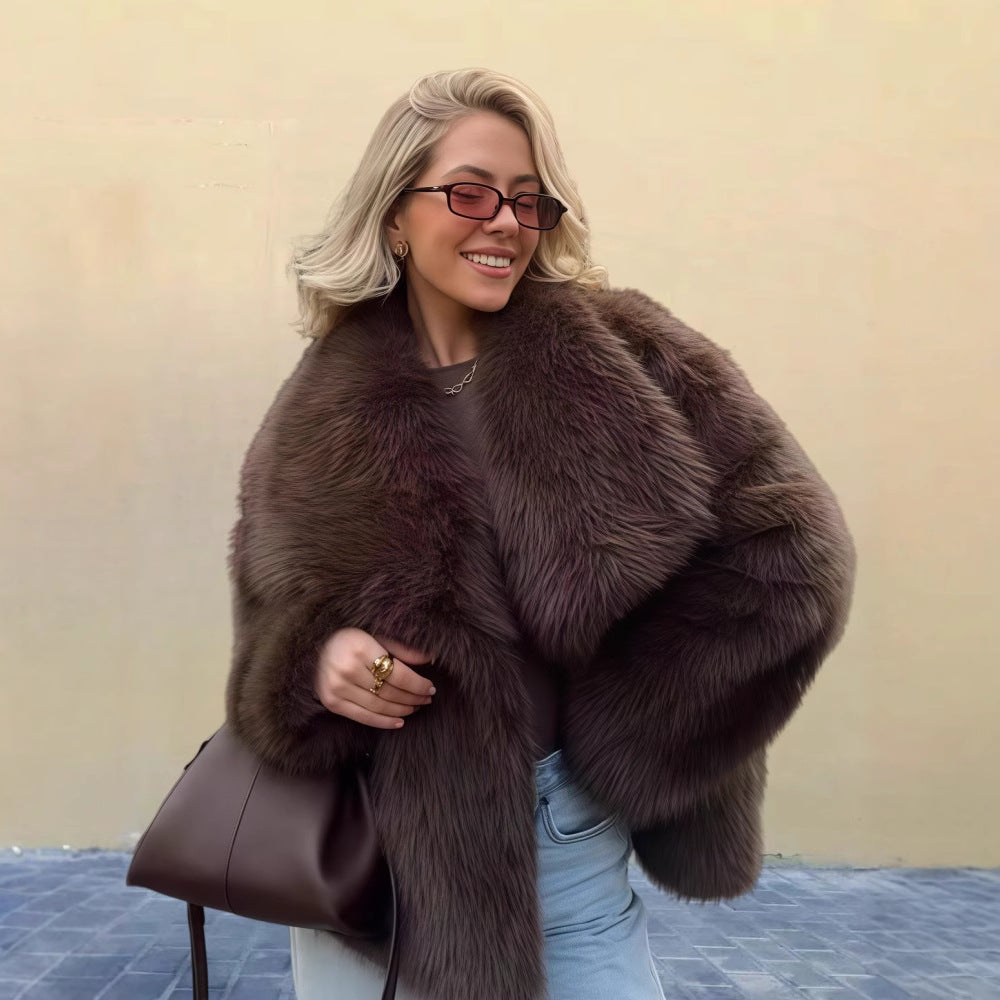 Women's Pure Color Versatile Faux Fur Collar Long Sleeve Coat Plus Size Outerwear