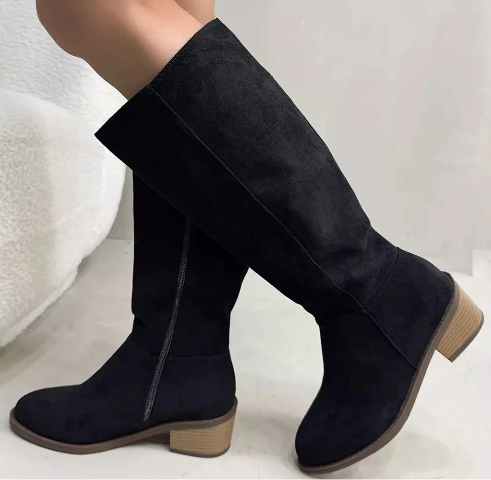 Women's Suede Knee-High Boots | Side Zipper Mid-Heel | Knee High Boots for Women