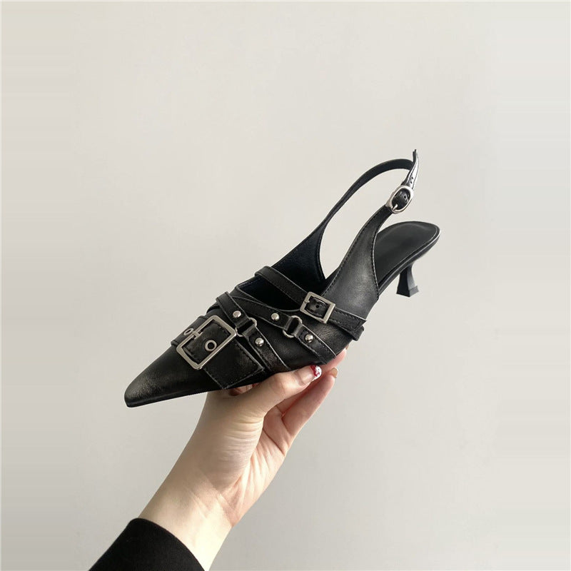 Women's Retro Pointed-Toe Ankle-Strap High Heel Sandals - Punk Style Mid Heel Shoes