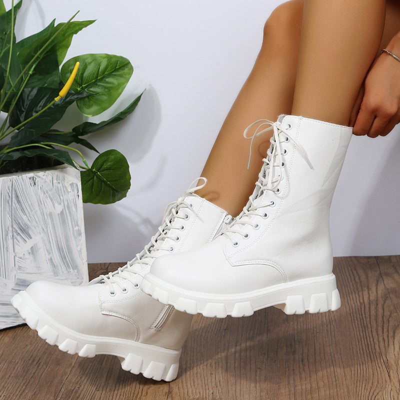 Women's Round Toe Ankle Boots - Lace-Up Low Heel Booties with Patchwork Detail