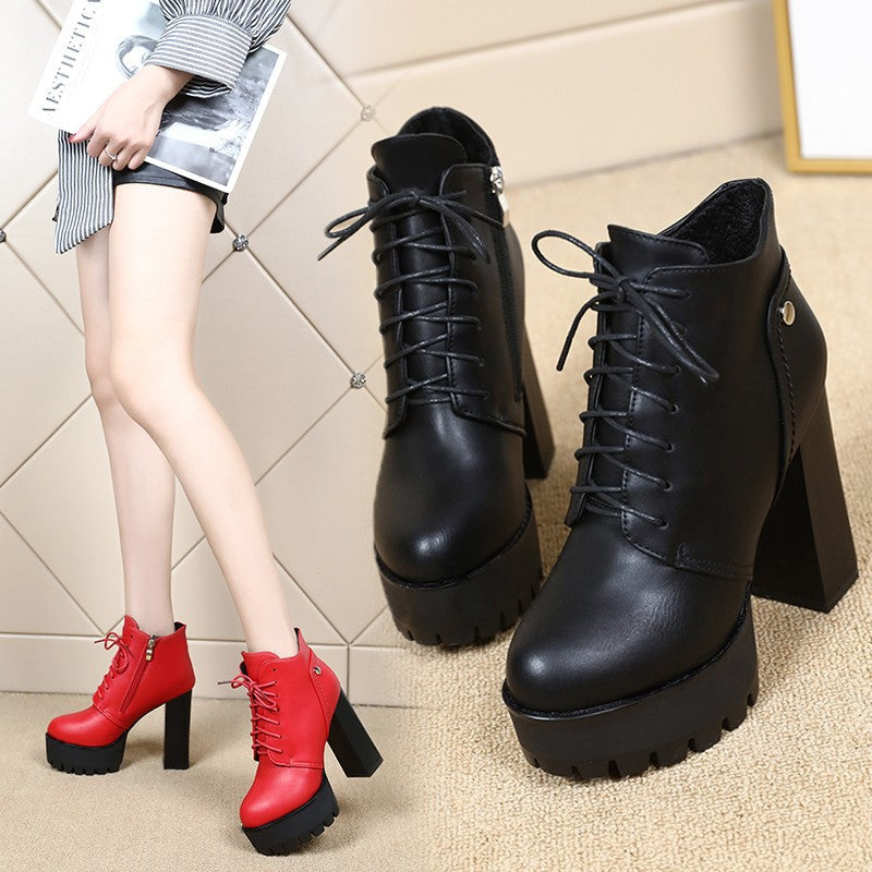 Chunky Heel Platform Boots for Women - Mid-Calf Pointed Toe Boots with Side Zipper