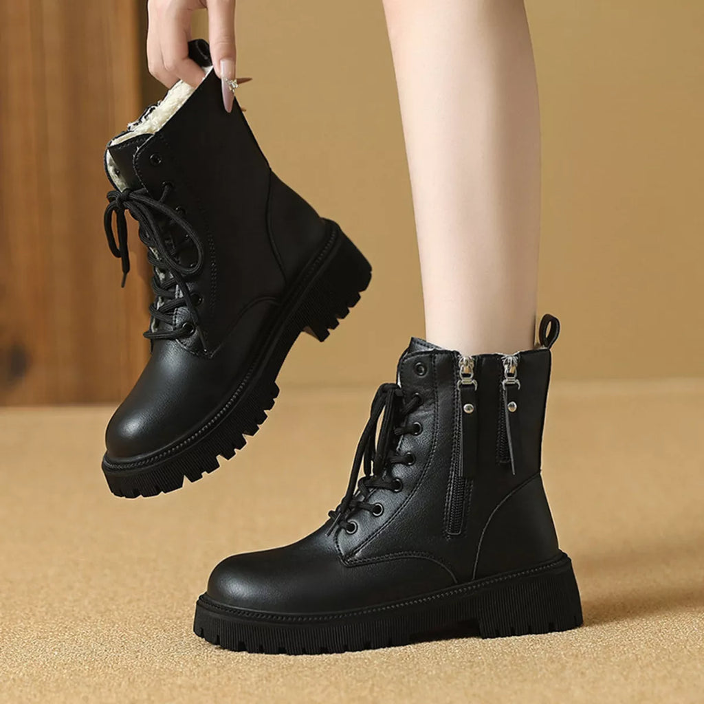 Women's Lace-Up Ankle Combat Boots – Mid Heel PU Leather