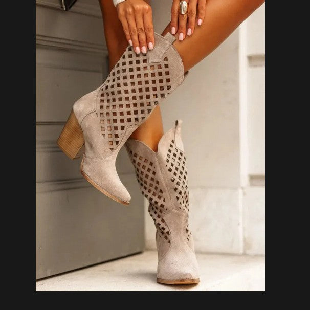Women's Plus-Size Cutout Mesh Over-the-Knee Boots | Chunky Heel Slip-On Suede Boots
