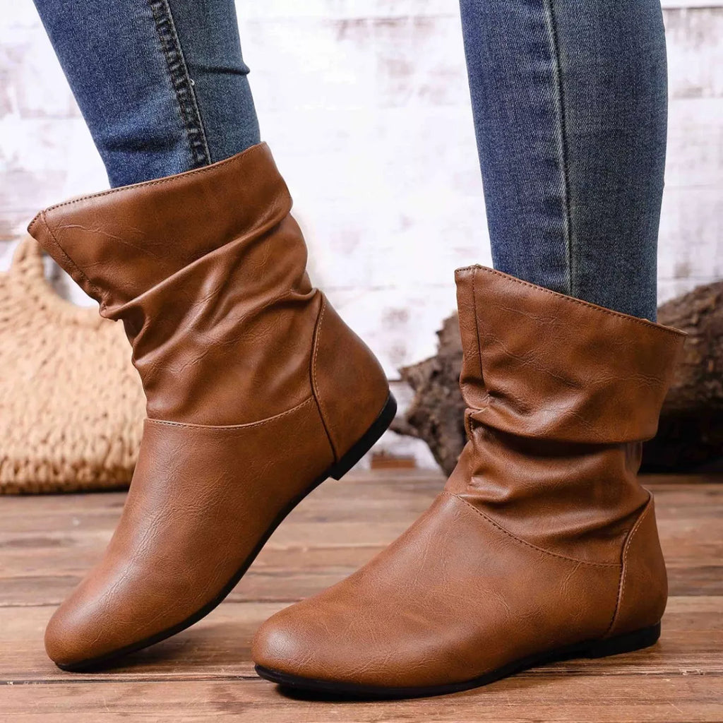 Women's Flat Ankle Boots – Wrinkled PU Leather Side Zipper | Black & Brown