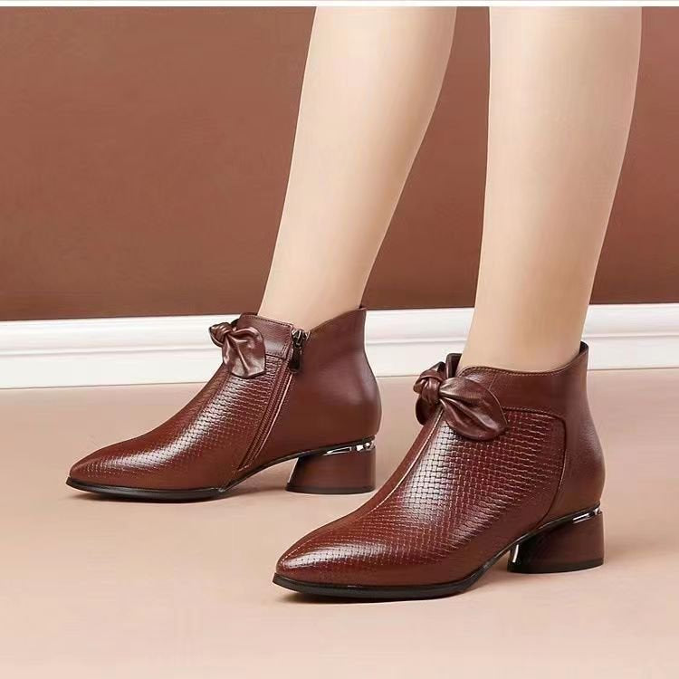 Women's Pointed Toe Chunky Heel Ankle Boots with Side Zipper & Bow Detail