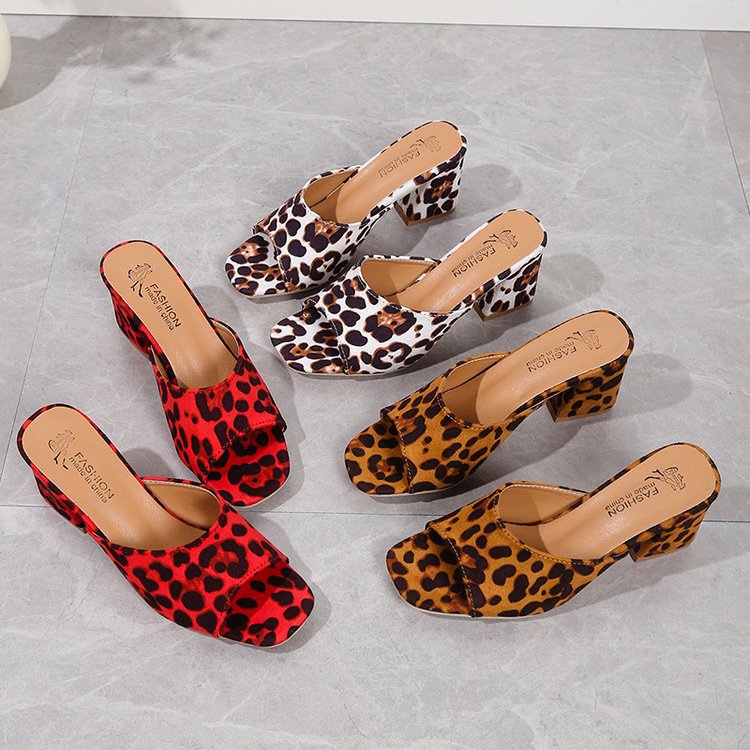 Women's Leopard Print Square Toe Chunky Heel Sandals - Slip-On Block Heel Summer Sandals