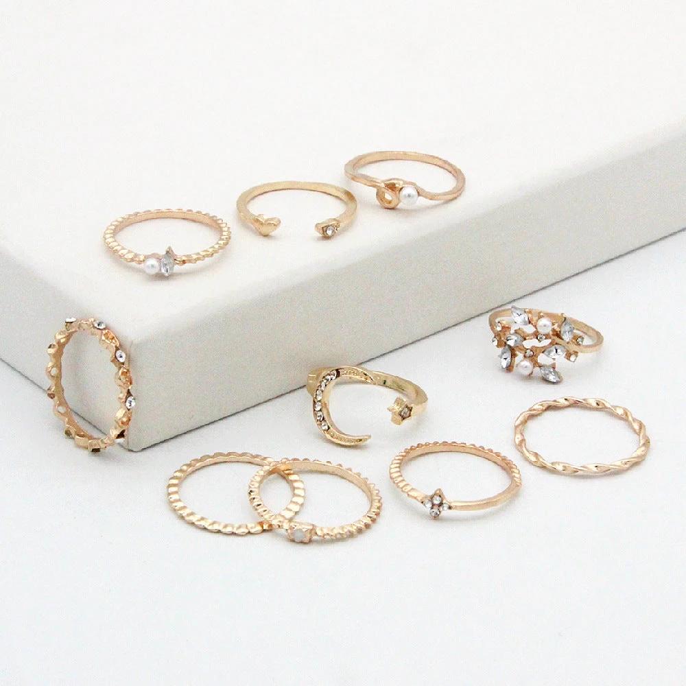 Mandotos Bohemian Star Moon Pearl Leaf 10-Piece Ring Set With Gold Finish And Stackable Designs