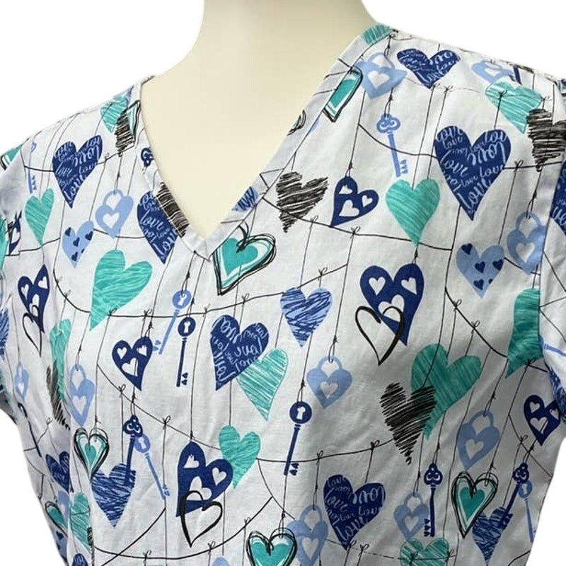 Lot of 2 24/7 Comfort Womens Large Cotton Blend Love Coffee V-Neck Scrub Tops
