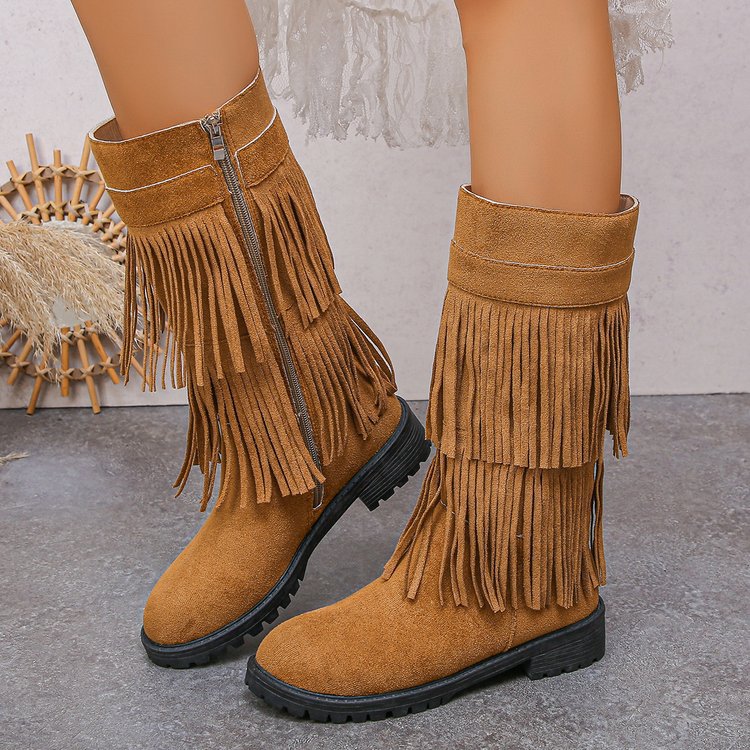 Women's High-Shaft Tassel Boots | Casual PU Leather Side Zipper Boots