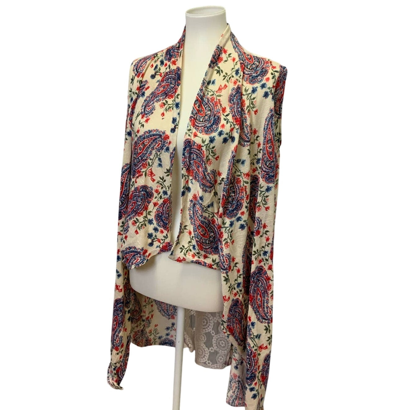 Cato Medium Paisley Sleeveless Long Flowy Floral Coverup Cardigan Lace Inset