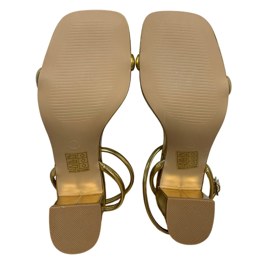 Shoe N Tale Womens Size 6 Gold 2.5" Heels Open Square Toe Ankle Strap Heels