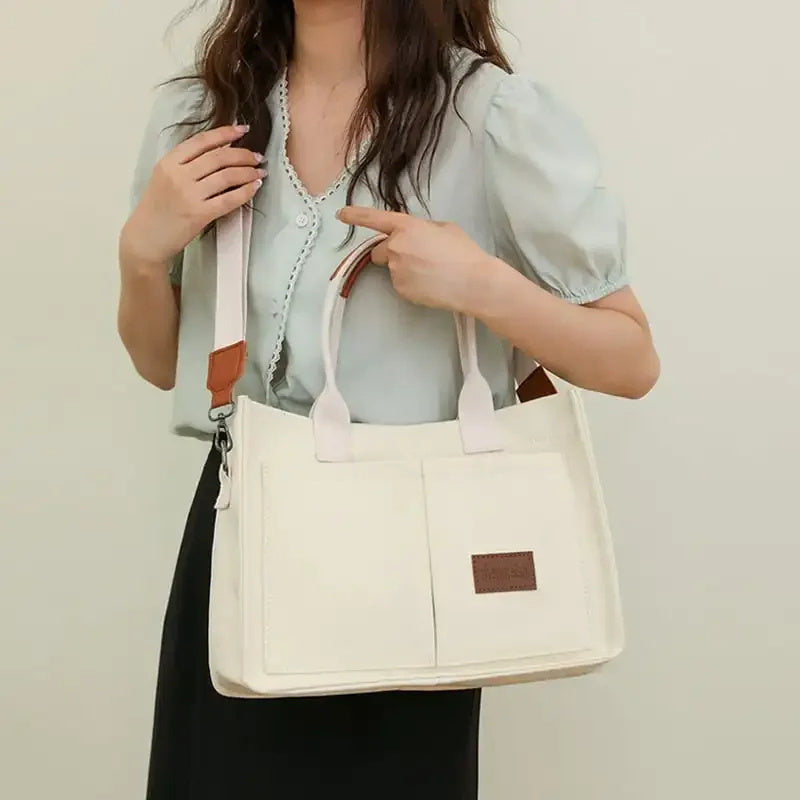 Women's Canvas Tote Bag Large Capacity Multi Pocket Shoulder Crossbody Messenger Bag