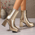 Women's Chunky Heel Square Toe Ankle Boots – Height Enhancing Slimming Design | Gold Silver Red Black