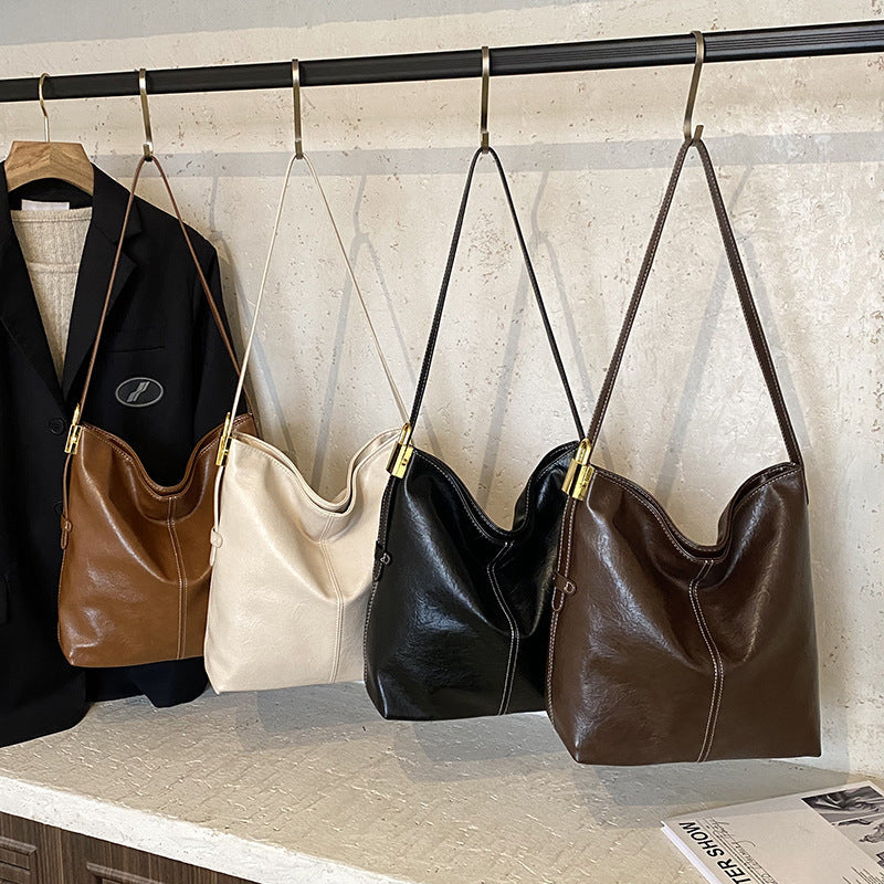 Korean-Style Large Capacity Textured PU Leather Bucket Shoulder Bag | Retro Soft Leather Handbag