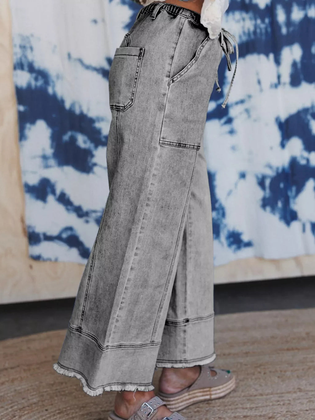 Wide Leg Drawstring Raw Hem Jeans