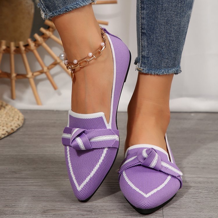 Women's Knitted Mesh Bow-Tie Pointed-Toe Flats - Elegant Low Heel Dress Shoes