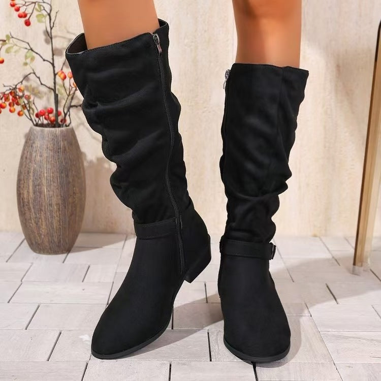 Belt Buckle High Shaft Suede Long Boots
