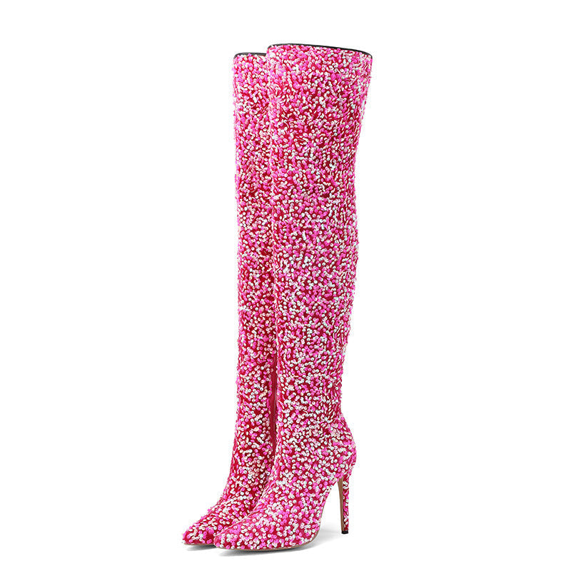 Women's Sequin Over-the-Knee Stiletto Boots – Side Zip Pointed Toe Stiletto Heels