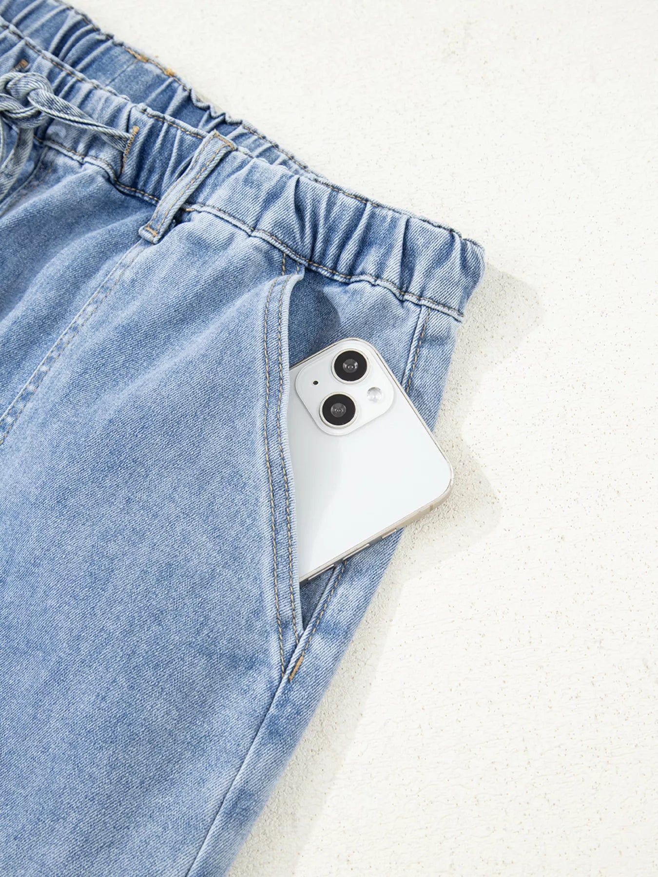 Wide Leg Drawstring Raw Hem Jeans