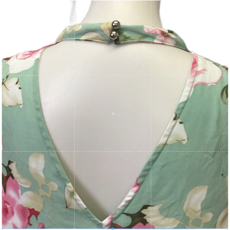 Jodifl Womens Large Green Pink Floral Flowy V Neck Back Polyester Sheath Dress