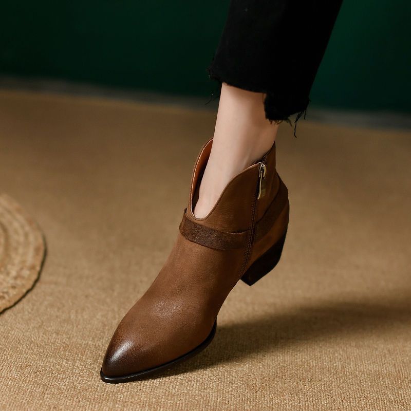 Women's Chunky Heel Slip-On Boots | Pointed Toe Mid-Heel Ankle Boots