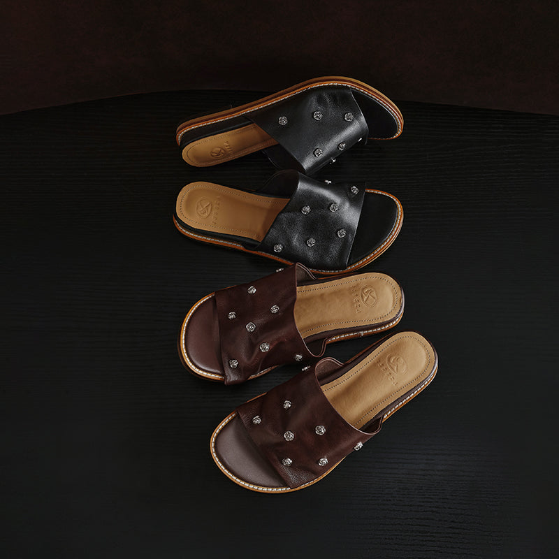Women's Studded Leather Slide Sandals | Open Toe Flat Mules