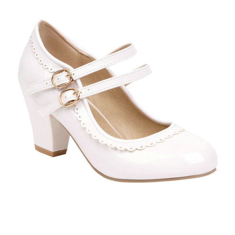 Women's Patent Leather Chunky Heel Mules – Candy Color Round Toe Buckle High Heels
