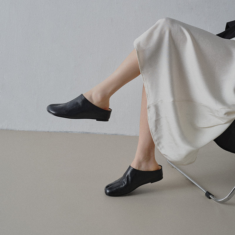 Women's Tabi Split-Toe Leather Flats | Full Grain Cowhide Slip-On Mules