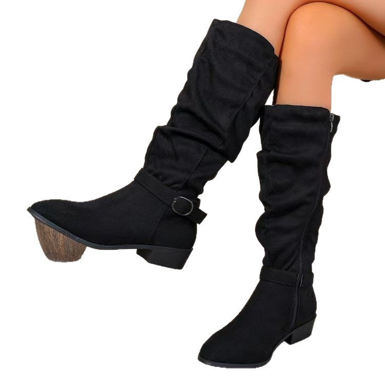Belt Buckle High Shaft Suede Long Boots