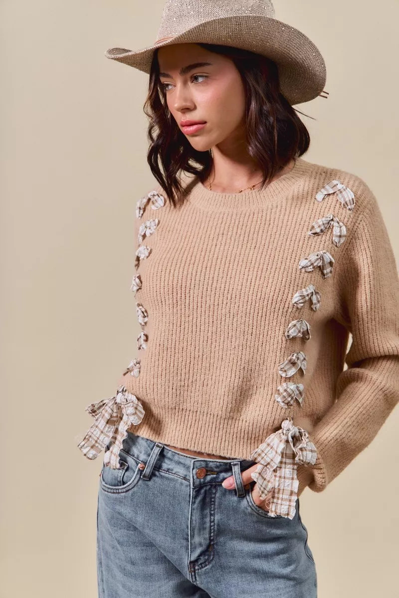 SO ME Checkered Plaid Tape Lace Up Ribbed Sweater
