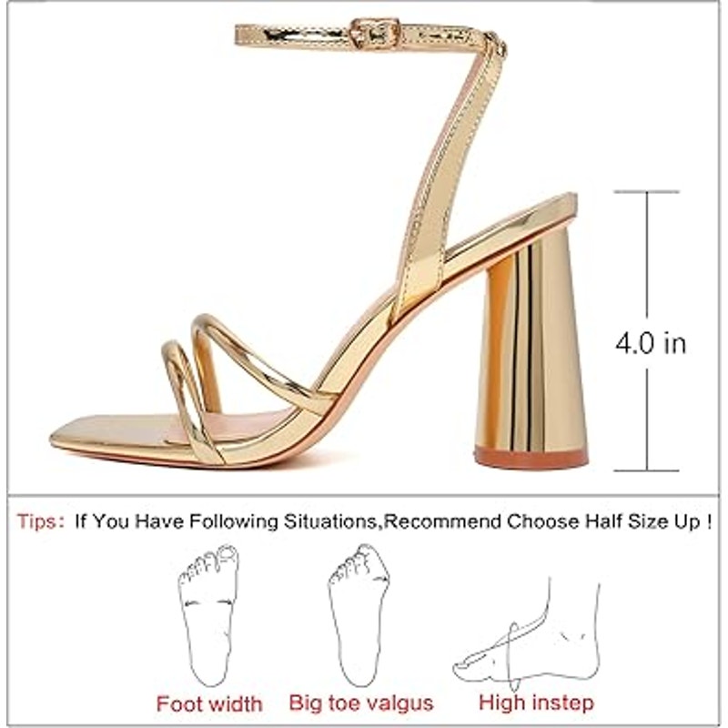 Ribongz Womens Size 6.5 Shiny Gold 4" Block Heel Open Toe Ankle Strap Shoes