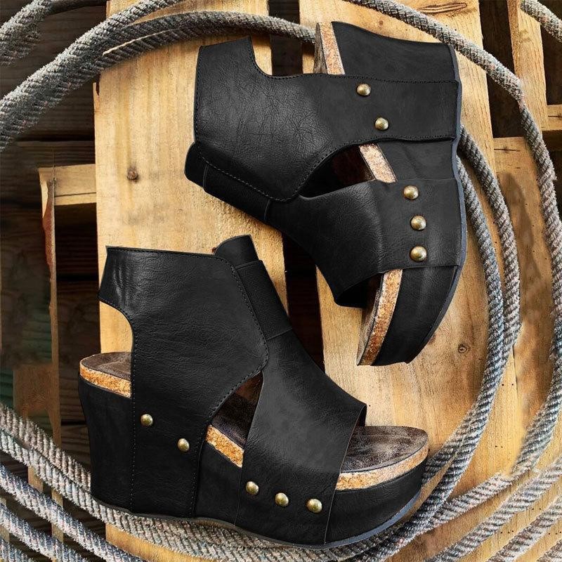 Women's Vintage Wedge Heel Open-Toe Sandals | PU Leather | Sizes 35–43