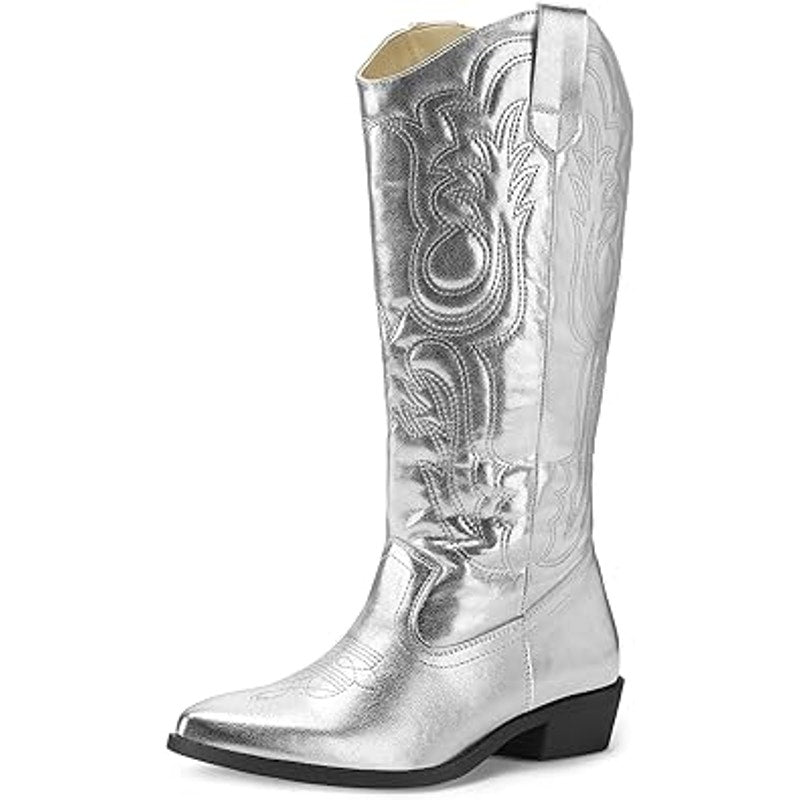 Mysoft Womens Size 8.5 Silver Faux Leather 1.5" Block Heel Western Cowboy Boots